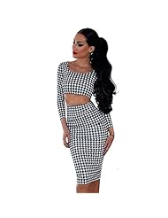 Sexy Cotton Houndstooth Print Long Sleeves Bodycon Dress/Club Dress/Midi Dress 