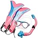 OXA Scuba Diving Snorkel Set including Dry Top Snorkel, 2-Windows Tempered Glass Mask and Trek Fins for Kids (Pink, S/M)