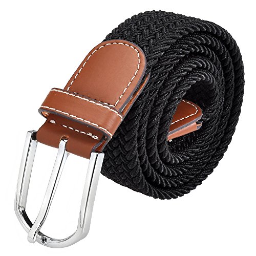 Ayliss Men's Elastic Fabric Woven Stretch Belt Genuine Leather Inlay,Many Colors