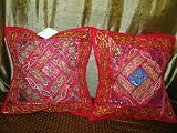2 Amaranth Beaded Cushion Covers Vintage Sari Pillow Covers 16x16 inches