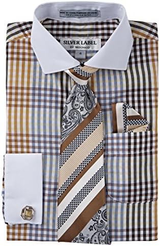 Silver Label Little Boys Long Sleeve Plaid Dress Shirt with Cuff Links and Tie