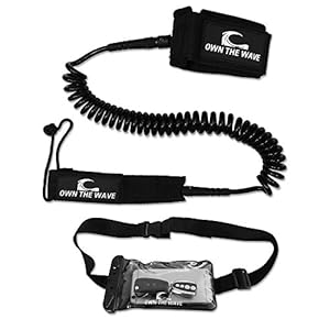 SUP Leash 10' COILED Great for Stand up Paddle Boarding! by 'Own the Wave' (tm) - Double Stainless Steel Swivels and Triple Rail Saver (Black)