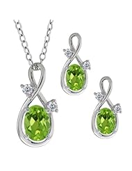 1.88 Ct Oval Green Peridot Gemstone 18k White Gold Pendant Earrings Set