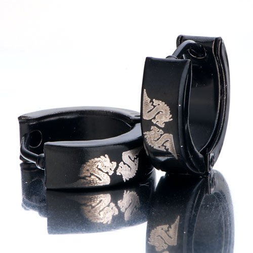 Pugster Black Dragon Stainless Steel Mens Ladies Unisex Hinged Snap Huggie Hoop Earrings