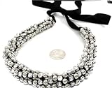 Designer Alex Carol Beautiful Ice Crystal and Silver Bead Covered Black Bib Ribbon Necklace
