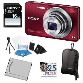 Sony DSCW690R Cybershot 16.1MP 10X Digital Camera Red + 16GB Memory Card + Soft Carrying Case Black + FREE 25 Free Prints + Accessory Kit