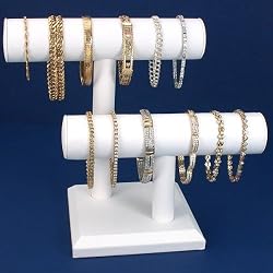 2 Tier White Leather T-Bar Bracelet Watch Jewelry Display Stand