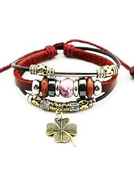 Jewelry: MORE FUN Charm Flower Bead Silver Tone Tube Leather Adjustable Length Wrap Bracelet (Four Leaf Clover) - MORE FUN