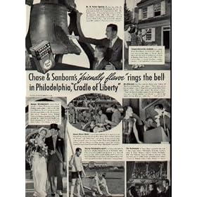 Chase & Sanborn's "friendly flavor" rings the bell in Philadelphia, "Cradle of Liberty." Mr. W. Porter Ogelsby, Jr. and son Adam visit Independence Hall and the Liberty Bell. Temple University students visit the Betsy Ross House. Beth and Albert Coleman are married at George Washington's winter headquarters at Valley Forge. Deborah Rood, joins friends at the Devon Horse Show. Ann and Henry visit the Franklin Institute. Bill and George Pepper of University Barge Club go sculling on the Schuylkill River. The Hammonnd's of Bryn Mawr enjoy the famous Philadelphia Orchestra. ..... 1940 Chase & Sanborn Coffee Ad, A3556.