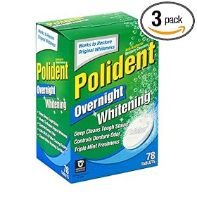 Polident Overnight Whitening, Antibacterial Denture Cleanser Tablets, 78-Count Boxes (Pack of 3)
