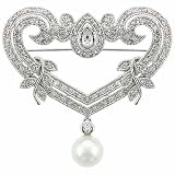 Sterling Silver simulated Diamond cz and White Pearl Leaf Pin