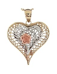 14k Multi-tone Yellow White and Rose Gold Heart Pendant with Flower