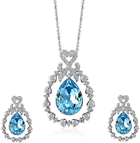 Lelekiss SWAROVSKI ELEMENTS Blue Teardrop Crystal Heart and Pear-Shaped Drop Pendant Necklace and Earrings Jewelry Set, a great Gift for Wife, Girlfriend, Families and Friends