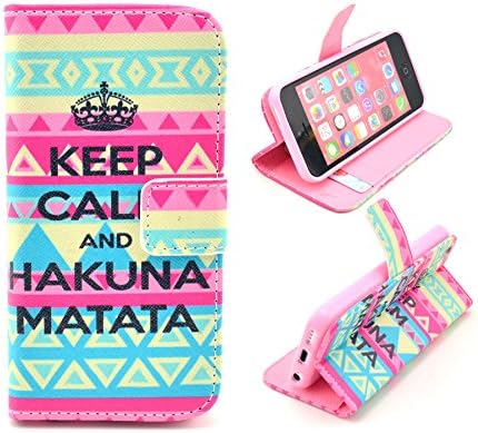 iphone 5C Case, Keep Calm and Hakuna Matata AZTEC Princess Credit ID Card Slot Holder Wallet Flip Phone Case With Stand --Retail Package W Screen Protector