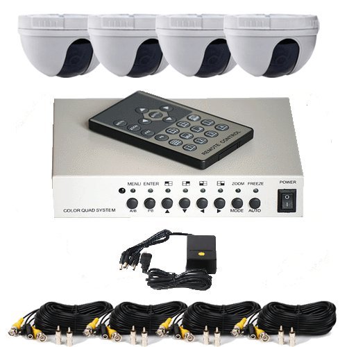 VideoSecu Video Color Quad Splitter Processor System with 4 Dome CCD Security Cameras, 4 Camera Extension Cable, 1 of 4 Channel Power Supply for CCTV Home Surveillance System 1G7