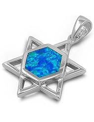 NEW Blue Australian FIRE Opal Star of David, Jewish Charm .925 Sterling Silver Pendant Necklace