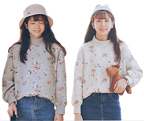 一茶先生 レディース トレーナー 長袖 秋 冬 春 花柄 グレー ハイネック シンプル カジュアル