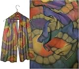 ULRIKE Oblong Chiffon Silk Scarf - Bold spirals of rainbow mid-tones from gold to red, purple, blue, mauve, green, and teal with nuggets of olive in between.