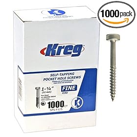 Kreg SPS-F125-1000 1-1/4-Inch #6 Fine Pocket Hole Screws with Pan-Head, 1000-Pack