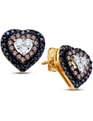 14K Yellow and White Two 2 Tone Gold Round Brilliant Cut Black and Chocolate Brown Diamond - Heart Shape Halo Channel Set Studs Earrings with Secure Push Back Closure - (1/2 cttw.)