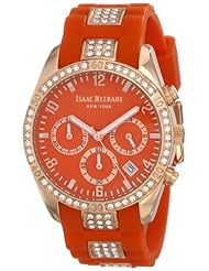 Isaac Mizrahi Womens IMN15RO Gold Tone Crystal Case Crystal Accented Orange Silicone Strap Watch
