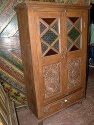 Antique India Teak Armoire Cabinet Chest Rare Patina Intricate Carved Detail 64x36"