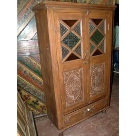 Antique India Teak Armoire Cabinet Chest Rare Patina Intricate Carved Detail 64x36