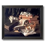 Kitty Cat Kittens On Books Home Decor Wall Picture Black Framed Art Print