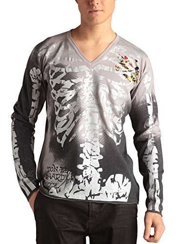 Ed Hardy Men's Metallic Skeleton Print V-Neck Sweater