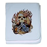 IMAGE OF Baby Blanket Sky Blue Biker Skull Flames Rose and Motorcycle