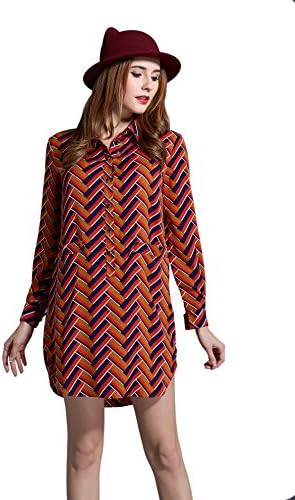 Ochanal Women's Plus Size Chiffon Slim Button Plaid Lapel Long Sleeve Dress Orange 1X