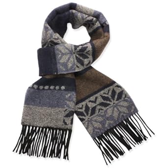 100% Wool Men's Winter Jacquard Snowflake Tassels Ends Long Scarf - Various Colors
