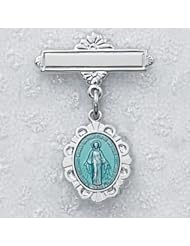 Solid .925 Sterling Silver Blue Miraculous Medal, Virgin Saint Mary, Immaculate Conception Baby Pin Infant Baptism Communion 9/16" X 1/2" Heart