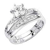 .925 Sterling Silver Round-cut CZ Cubic Ziconia Solitaire with side-stone Ladies Engagement Ring and Wedding Band 2 Two Piece Set (Size 5 to 9)