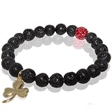 Lava Rock Stretch Bracelet with Clover Leaf Charm & Red Rhinestone Bead Accent