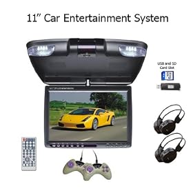 Car 11" Entertainment System, 12" Flip Down TFT Monitor with Built-in DVD player and Games. Features Built-in Stereo Speakers, FM and 2 Channel IR Transmission. Includes 2 Dual Channel Wireless Headphones and 2 Game Controllers