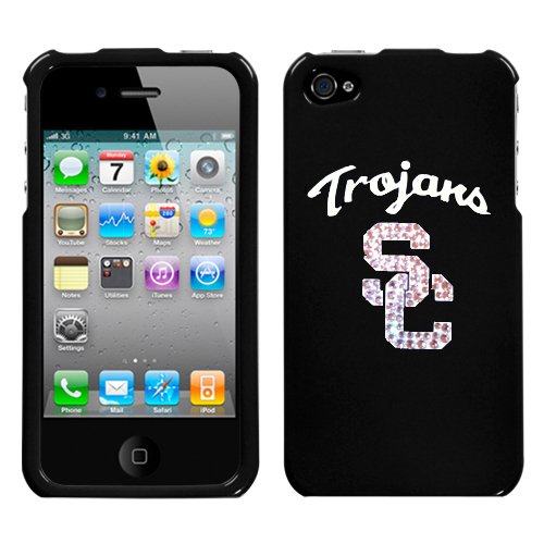 APPLE AT&T SPRINT VERIZON IPHONE 4 4S 4G 16GB AND 32GB HARD PLASTIC DESIGN BLACK AND WHITE USC TROJANS SWAROVSKI CRYSTAL DIAMOND SNAP ON CASE COVER