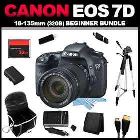 Canon EOS 7D 18 MP CMOS Digital SLR Camera with 3-Inch LCD and 18-135mm f/3.5-5.6 IS UD Standard Zoom Lens (32GB Beginner Bundle Kit) includes Battery, Charger, Case, Memory Card, Memory Card Wallet, HDMI Cable, Full Size Tripod, USB Card Reader, Cleaning Kit - 3814B016