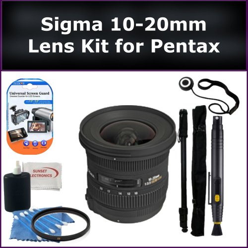 Sigma 10-20mm f/3.5 EX DC HSM Autofocus Zoom Lens Kit For Pentax K200d, K20d, K10D, K100D Digital SLR Cameras. Package Includes: Sigma 10-20mm Lens, UV Filter, Lens Cap Keeper, Lens Cleaning Pen, Monopod, LCD Screen Protectors, and Cleaning Kit with SSE Microfiber Cleaning Cloth