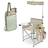 Picnic Time Sports Chair Deluxe Riviera Aluminum Chair w/ Fold-Out Table, Ins. Drink Holder, Pockets, And Shade Canopy (Sage Green)