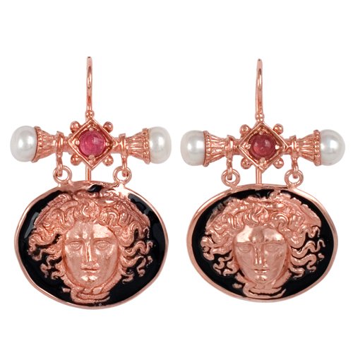 Tagliamonte – 14k Rose Gold Medusa w/ Pink Tourmaline & Freshwater Pearl Earrings