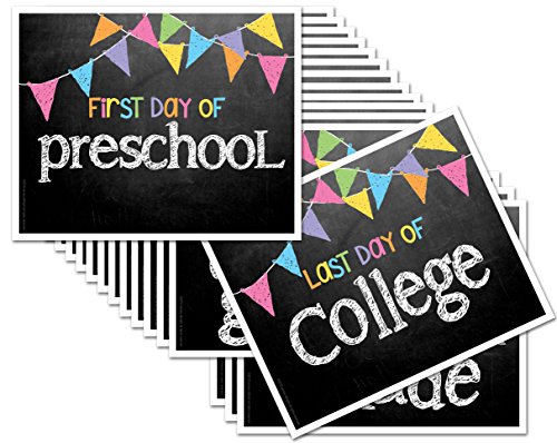 First & Last Day of School 8x10 Photo Prop Signs Entire Series Preschool - College Pastel Color Pennant Flags for Girls, 16-Grade Levels: Preschool, Pre-K, Kindergarten, 1st to 12th Grades to College