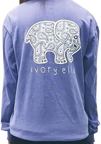 CollTIE Women Long Sleeve Crew Neck Cotton Shirt Elephant Print Pocket Top Light Blue Medium