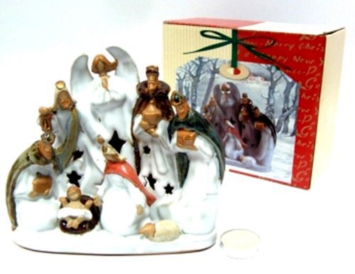 Idea Natale: PRESEPE in CERAMICA traforata con LUMINO in CERA e SCATOLA REGALO INCLUSI. 17x19x8,7cm