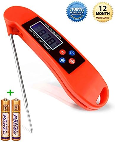 CHAMPURE Talking and Blue Light Thermometer for BBQ, Cooking and Baking (Voice Broadcast, LCD Digital Display Readout and 180 Degree Rotation Folding) [Red]