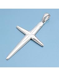 Sterling Silver Latin Cross Pendant Diamond Cut Solid 925 Italy Christian 38mm with 1mm Ball Bead Chain