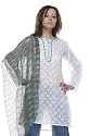 White Round Neck Long Sleeved Cotton With Turquoise Embellishments Tunic And Stole (Petite, Tall & Misses Sizes XS-3X)