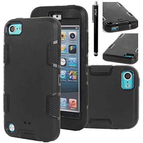 iPod Touch 5 Case, iPod Touch 5 defender armor Case, E LV iPod Touch 5 Case Cover - Dual Layer hybrid Armor Defender Protective Case Cover for Apple iPod Touch 5 with 1 Stylus , 1 Screen Protector and 1 Microfiber Cleaning Cloth - BLACK / BLACK