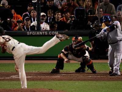 Texas Rangers v San Francisco Giants, Game 1: Bengie Molina, Tim Lincecum Photographic Poster Print by Elsa ., 18x24