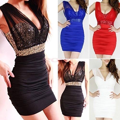 Guomiaomiao Sexy Low-Cut Sequin Backless Empire Waist Sleeveless Mesh Mini Club Party Dress 14243 One Size Vestidos Blue